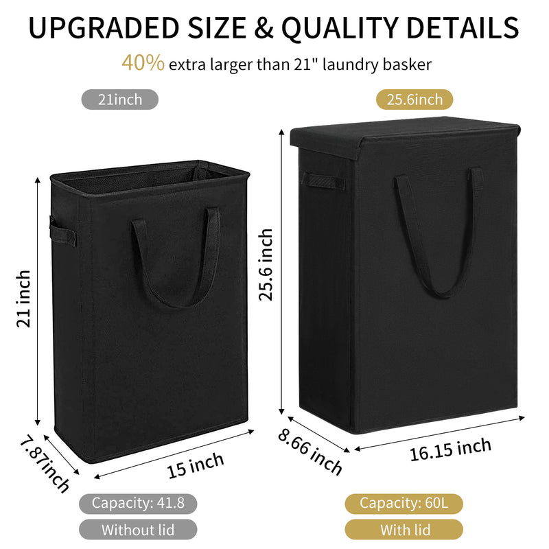 Chrislley 60L Slim Laundry Hamper with Lid Narrow Laundry Basket with Handle (25.6 inches , black)